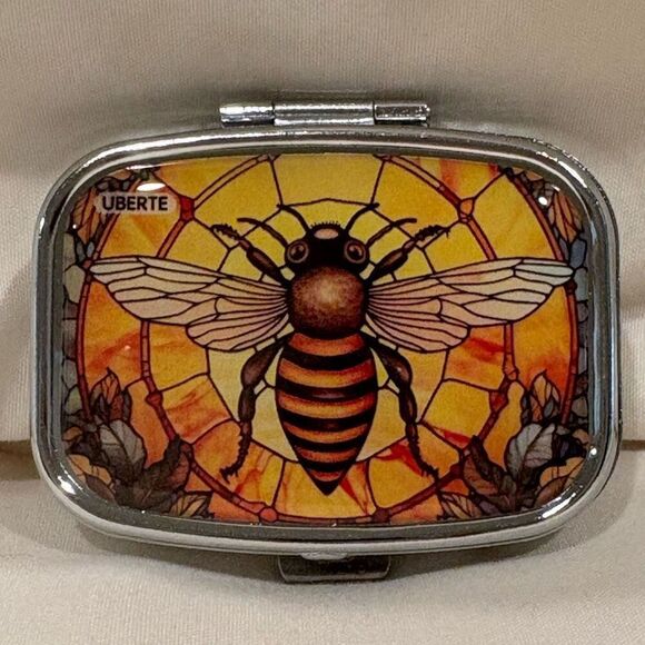 Bee in Stained Glass Window Travel Pill Box 2 Compartment Medicine Pill Case NEW - Picture 1 of 5